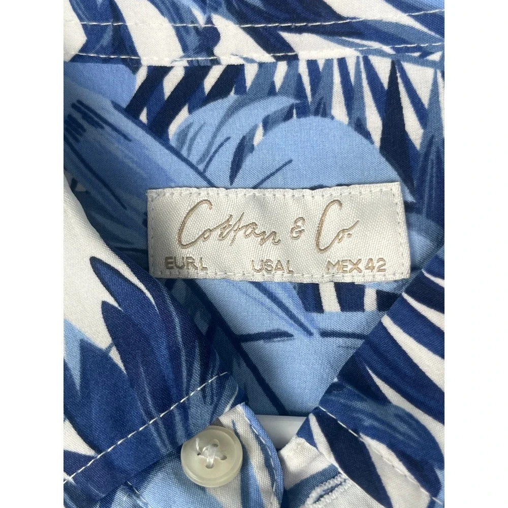 Cotton & Co Tropical Palm Leaf Button Down Shirt Mens Large Blue‎ White Hawaiian